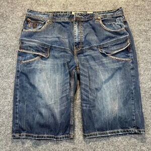 Kanji Denim Cargo Shorts Mens 44 Blue Y2K Streetwear Baggy Embroidered Hip Hop